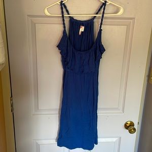 Blue mini jersey dress, fun ruffle neck